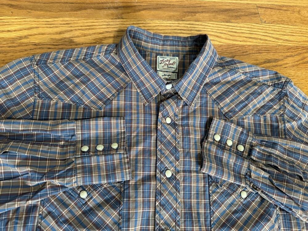 Lucky Brand Mens Large Brown Plaid Pearl Snap Western Casual Cow Boy Button-Up